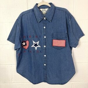 VTG Natural Impressions Denim Shirt Patchwork Flag Stars Stripes Americana SZ XL